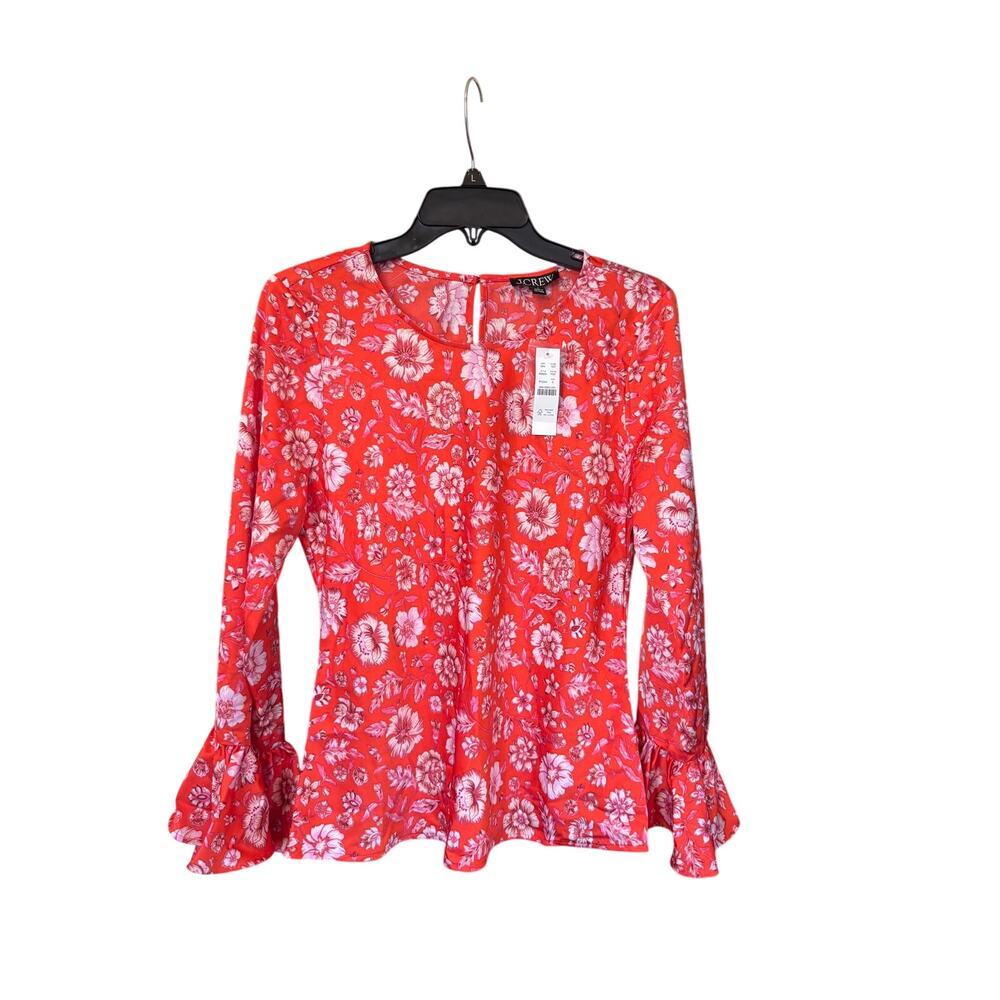 J.Crew Red Floral Ruffled Long Sleeves Blouse SZ S Boho dopamine Top NWT